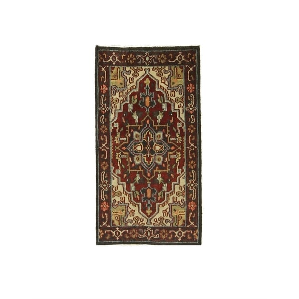 Red/navy Hand-knotted Wool Traditional Oriental Heriz Rug - 2' 2 x 4'