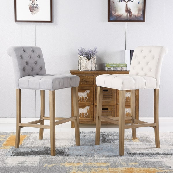 Carlisle Barheight Buttontufted Solid Wood Bar Stools in Tan (Set of