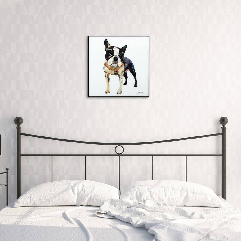 Boston Terrier Printed Wall Art Glass Encased with Black Anodized Aluminum Frame