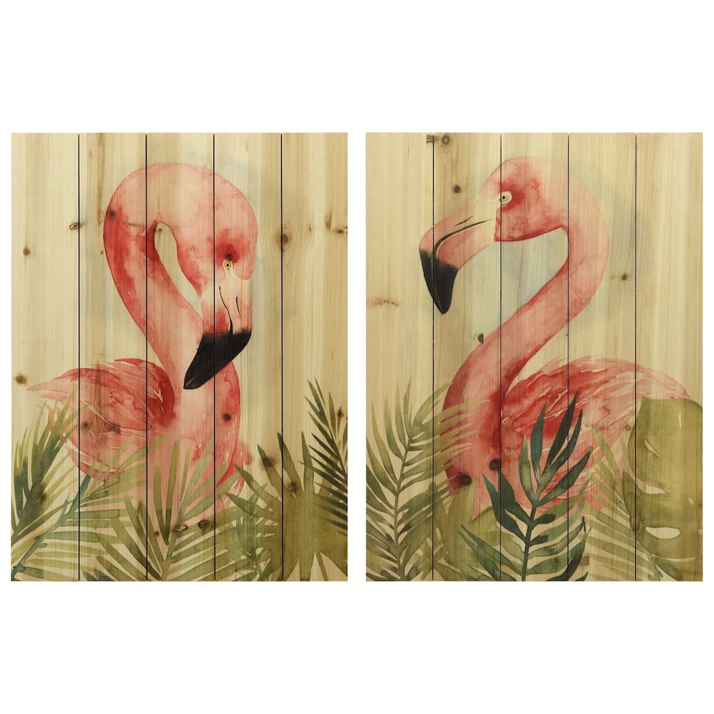 "Watercolor Flamingo Composition" Wood Wall Art Digital Print on Solid Wood - Green/Pink