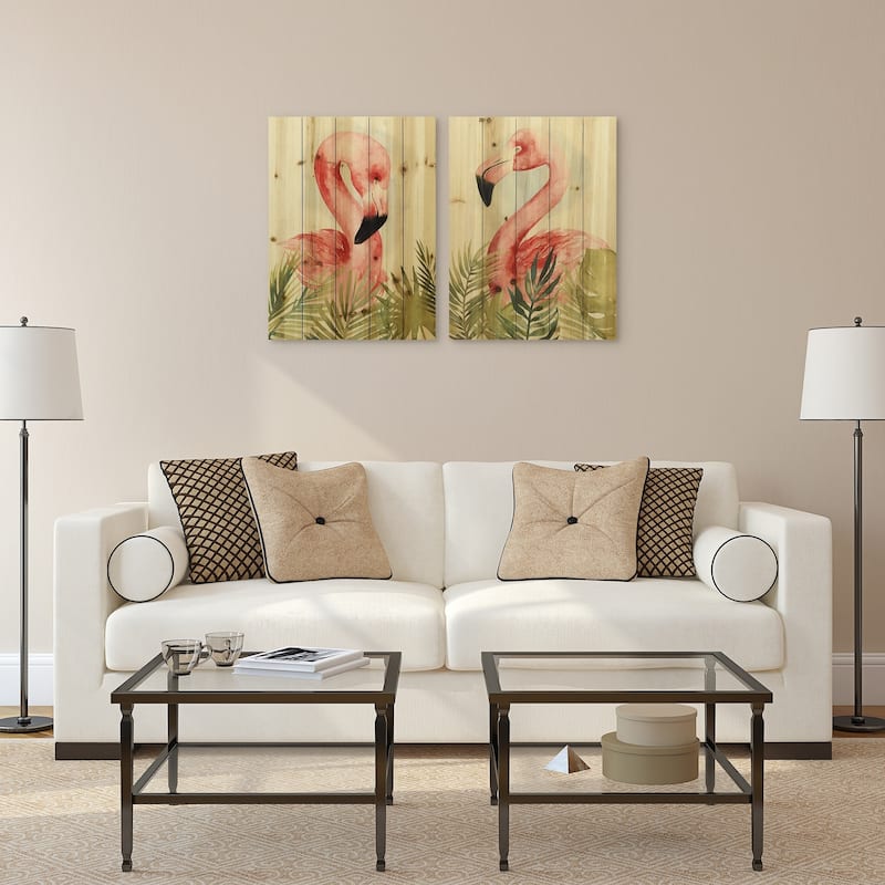 "Watercolor Flamingo Composition" Wood Wall Art Digital Print on Solid Wood - Green/Pink