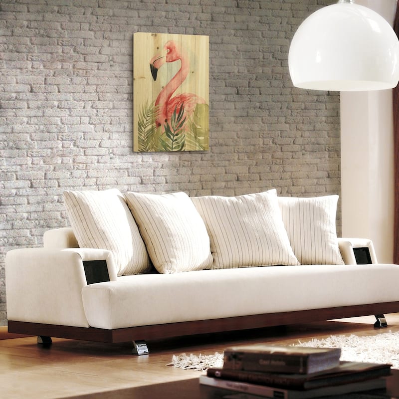 "Watercolor Flamingo Composition" Wood Wall Art Digital Print on Solid Wood - Green/Pink