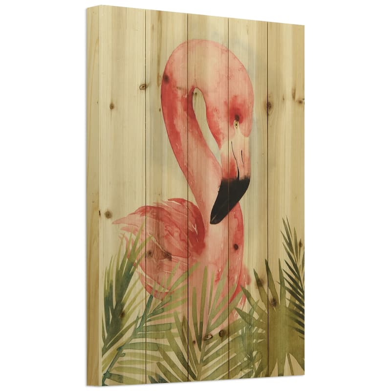 "Watercolor Flamingo Composition" Wood Wall Art Digital Print on Solid Wood - Green/Pink