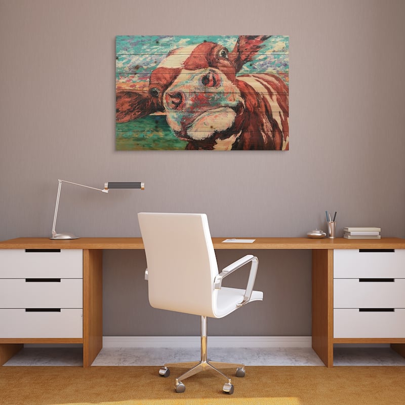 "Curiuos Cow 1&2" Wood Wall Art Giclee Printed on Solid Fir Wood Planks - Multi-Color