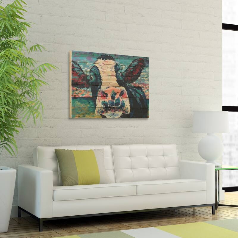 "Curiuos Cow 1&2" Wood Wall Art Giclee Printed on Solid Fir Wood Planks - Multi-Color