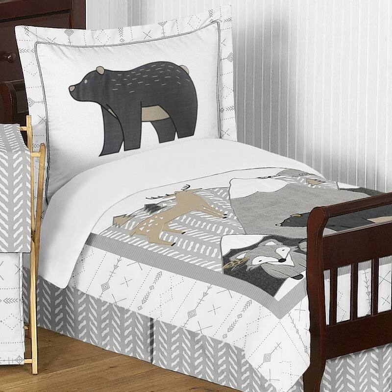 Sweet Jojo Designs Beige Grey Boho Mountain Animal Woodland Forest Friends Collection Unisex Boy Girl 5-pc Toddler Comforter Set