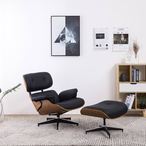 Vanity Art Black Bonded Leather Comfortable Arms Swivel Chairs Metal Frame Leisure Chair with Ottoman Set Lounge Chairs