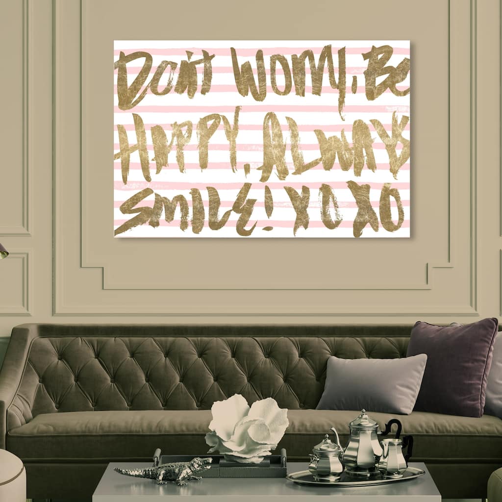 Oliver Gal 'Let's Be Happy Striped' Typography and Quotes Wall Art Canvas Print - Gold, Pink