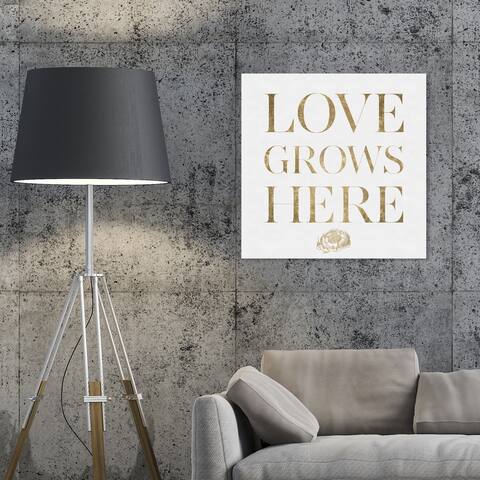 Oliver Gal 'Love Grows Here Gold' Typography and Quotes Wall Art Canvas Print - Gold, White