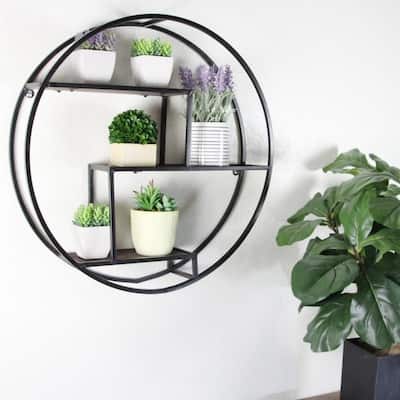 23 Inches Round wall-mounted Iron hanging storage shelves, Black - N/A