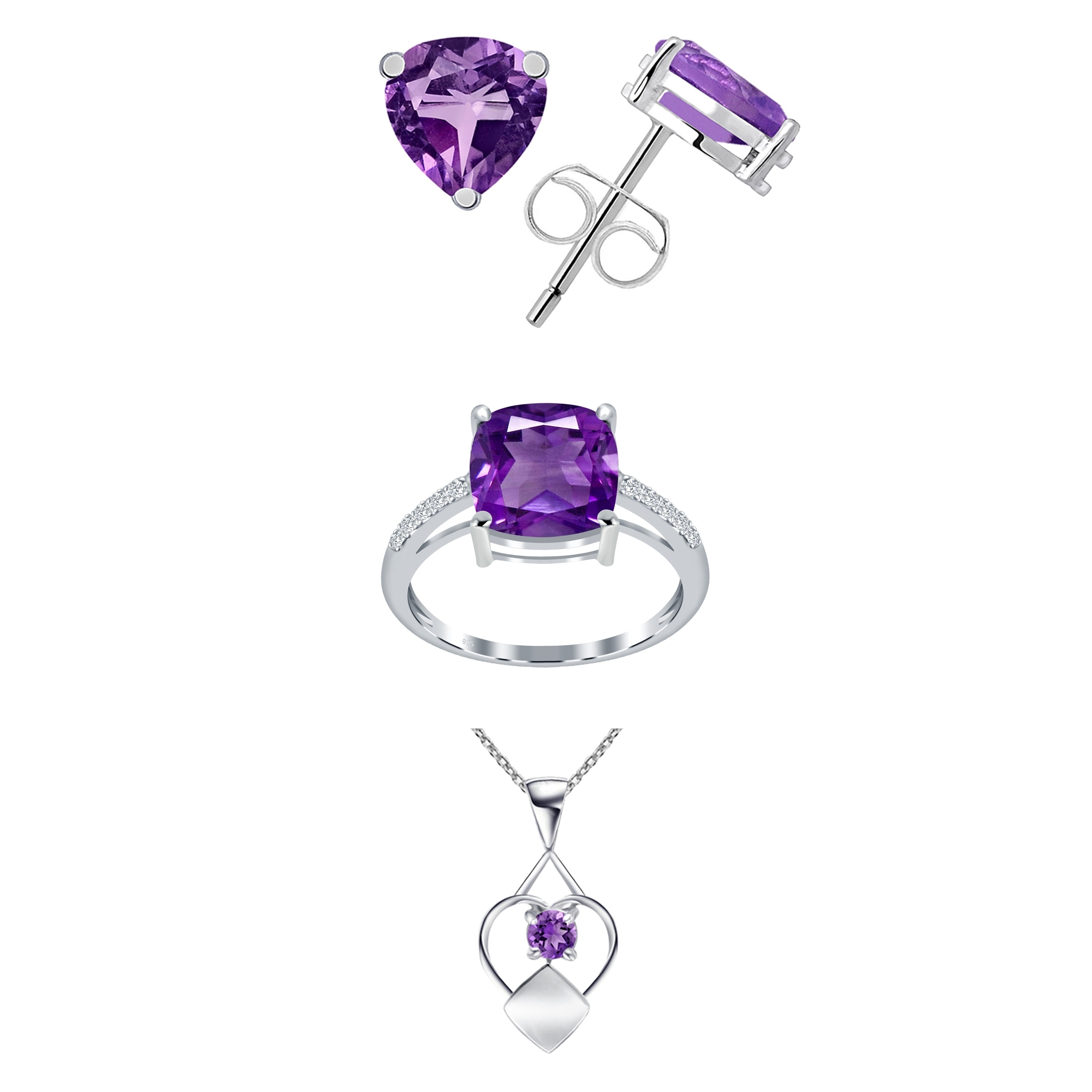 Amethyst and Onyx Green Black 925 Sterling Silver Women Stud Earring 3 Pair Set