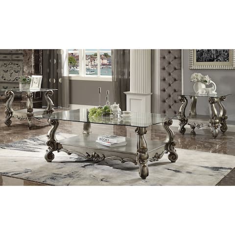 Traditional Style Wooden Coffee Table with Glass Top and Carving Details, Gray and Clear