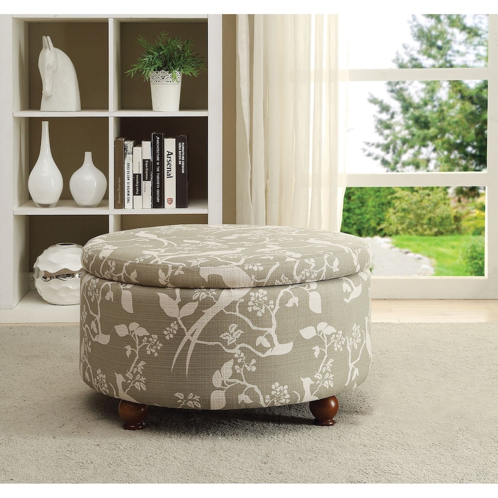 Buckley Off-white and Grey Round Upholstered Storage Ottoman