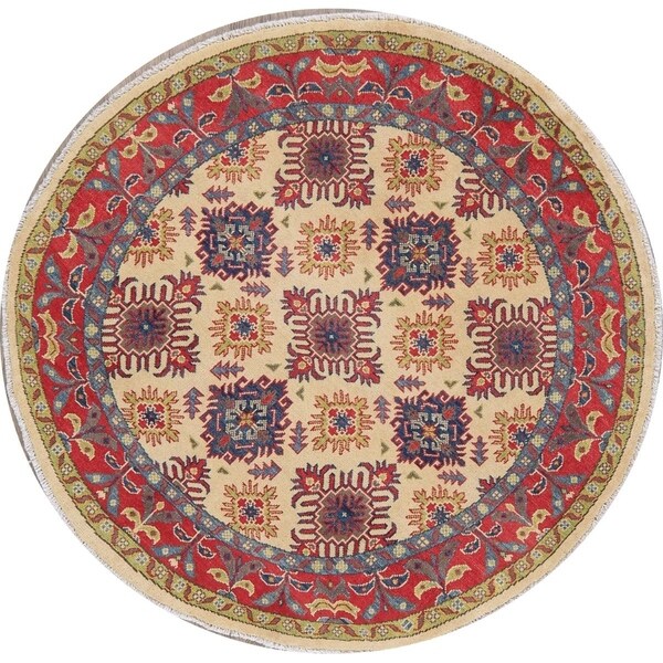 Kazak Oriental Pakistani Hand-Knotted Wool Traditional Round Rug - 4'11" x 4'11" Round