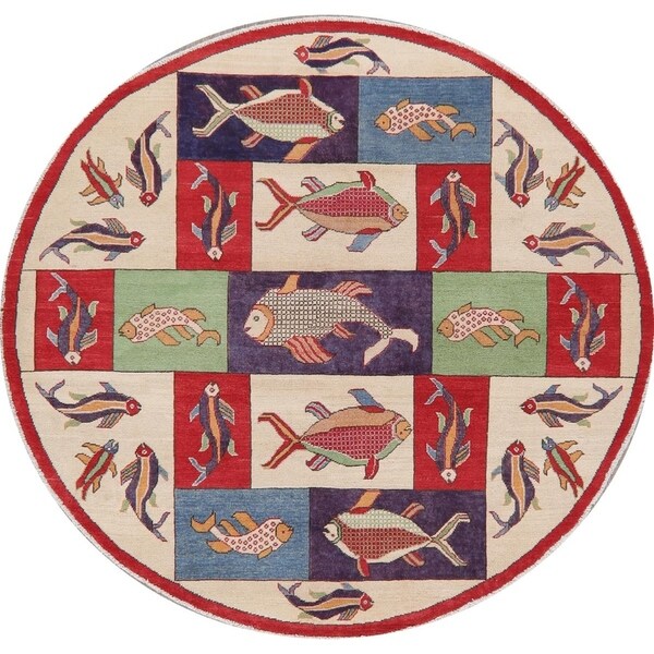 Kazak Novelty Oriental Pakistani Transitional Hand-Knotted Round Rug - 6'6" x 6'1" Round