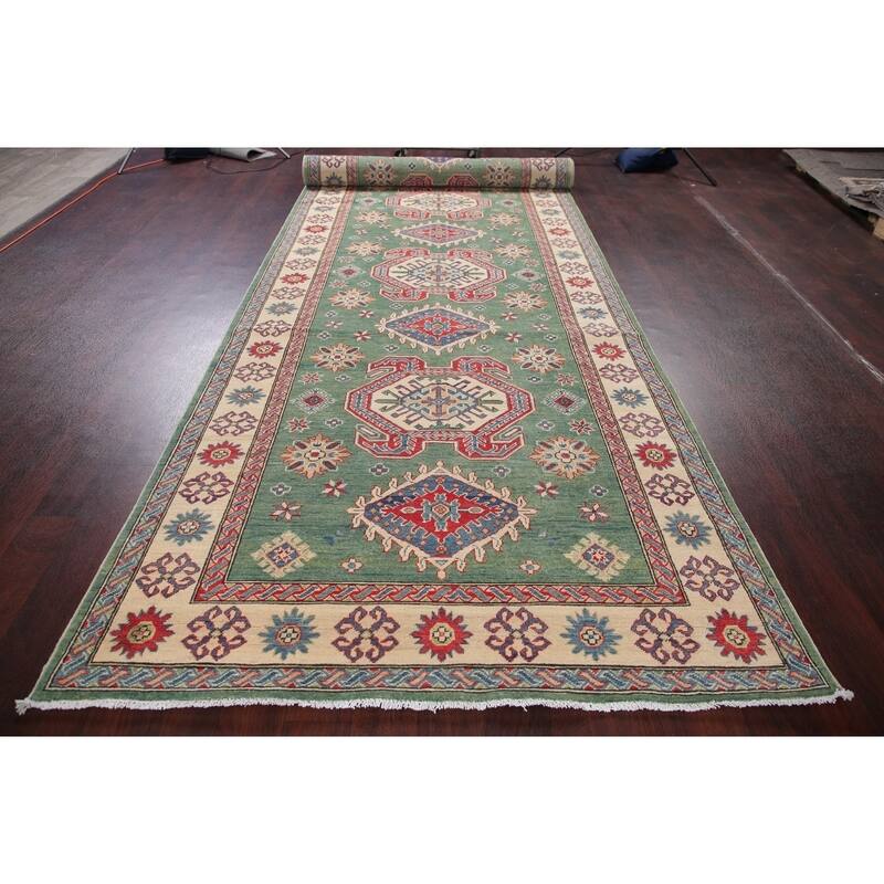 Kazak Oriental Traditional Pakistani Hand-Knotted Wool Runner Rug - 19'9" x 5'2" Runner