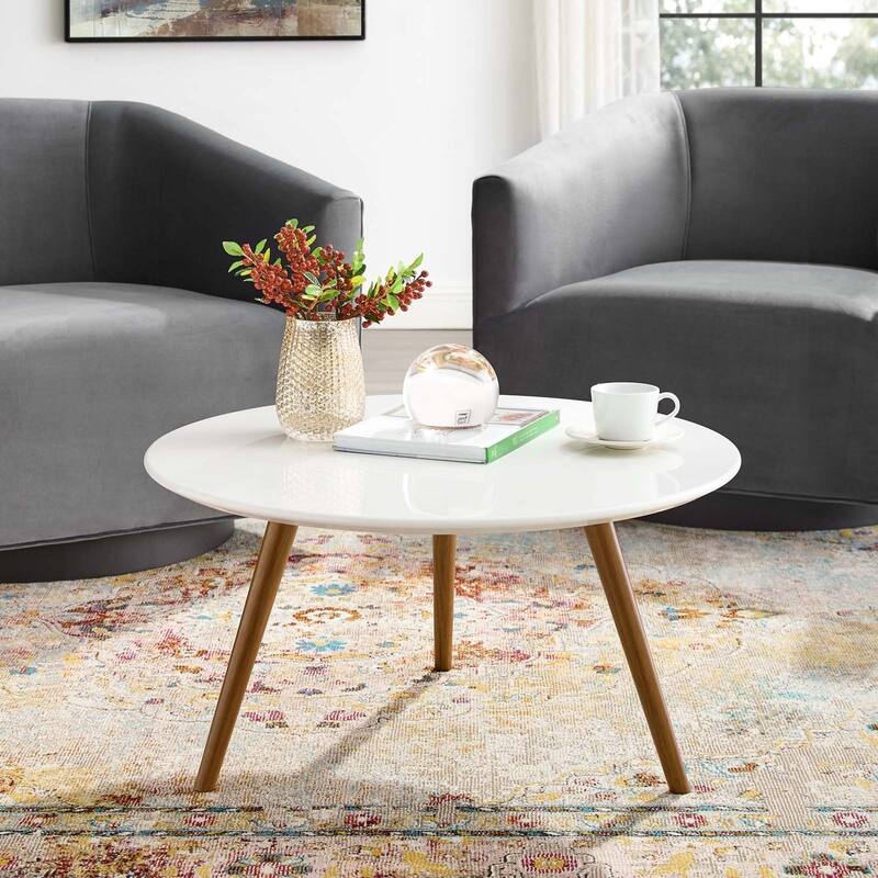 28" Round Wood Top Coffee Table with Tripod Base, Walnut White