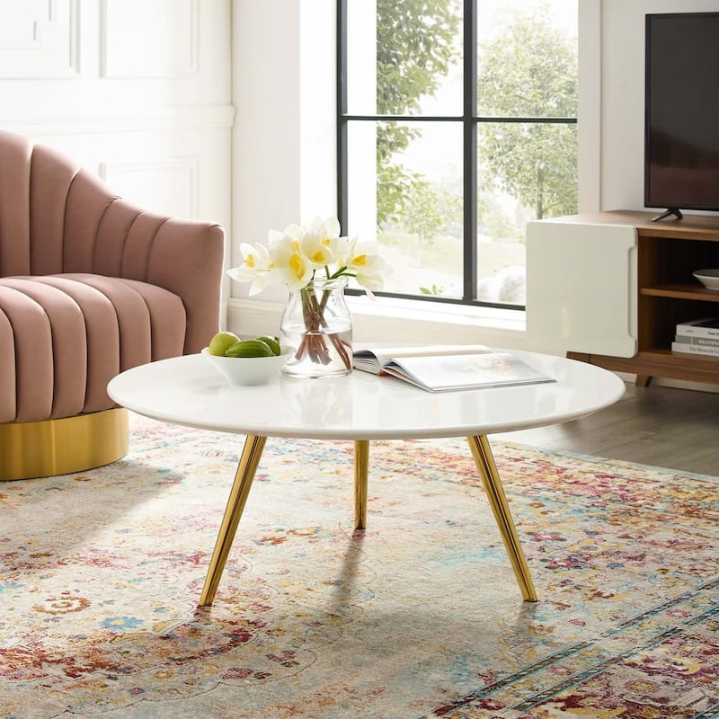 36" Round Wood Top Coffee Table with Tripod Base, Gold White