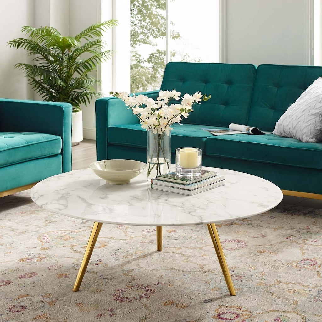 40" Round Artificial Marble Coffee Table with Tripod Base, Gold White