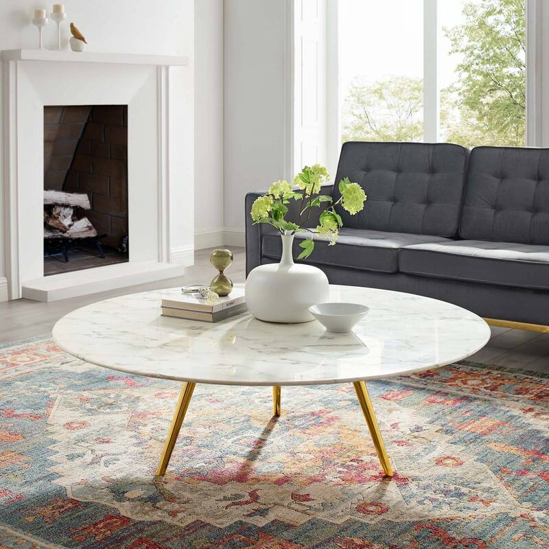 47" Round Artificial Marble Coffee Table with Tripod Base, Gold White