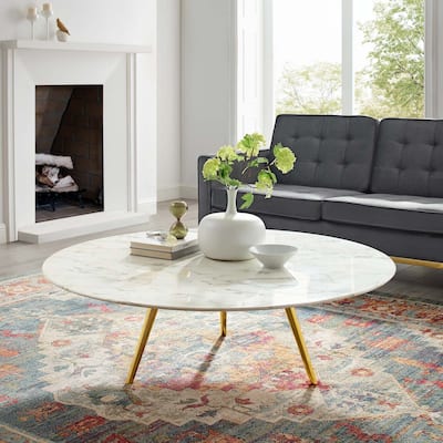 47" Round Artificial Marble Coffee Table with Tripod Base, Gold White