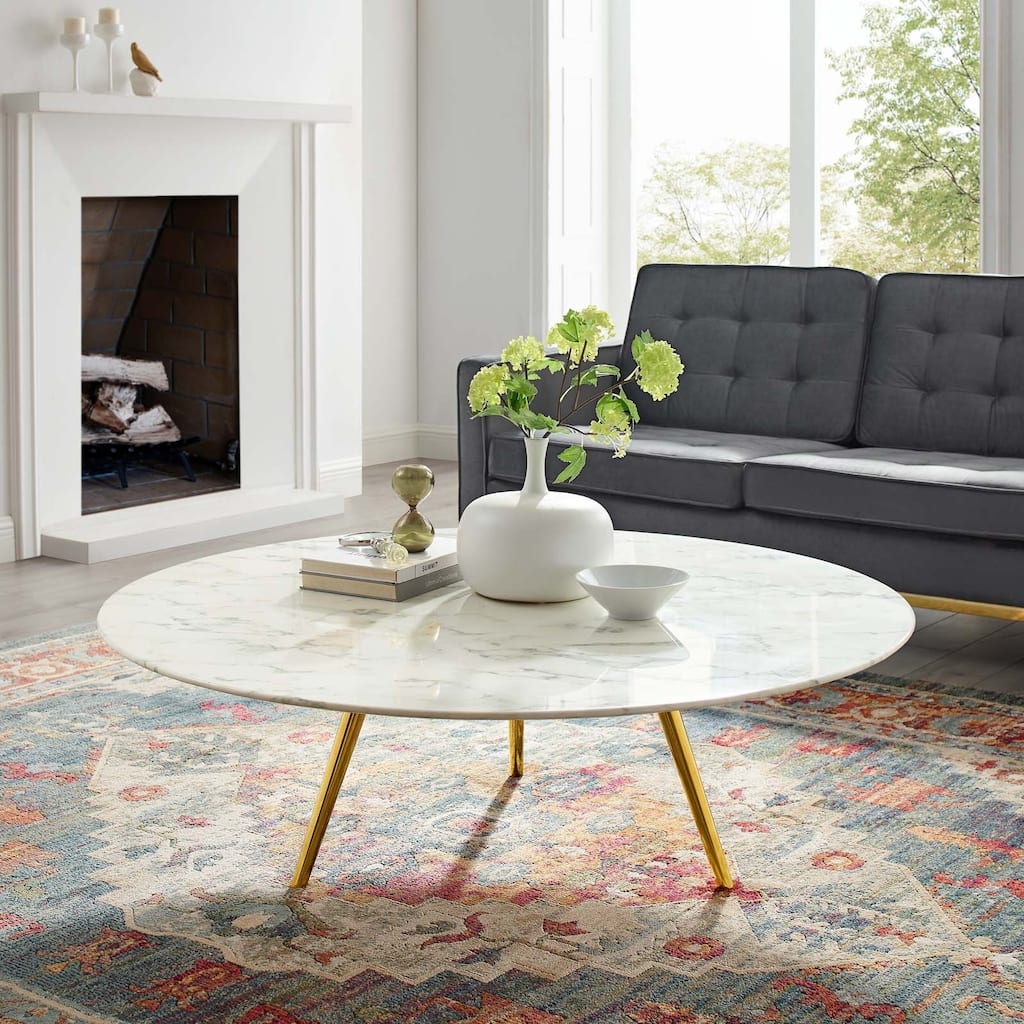 47" Round Artificial Marble Coffee Table with Tripod Base, Gold White