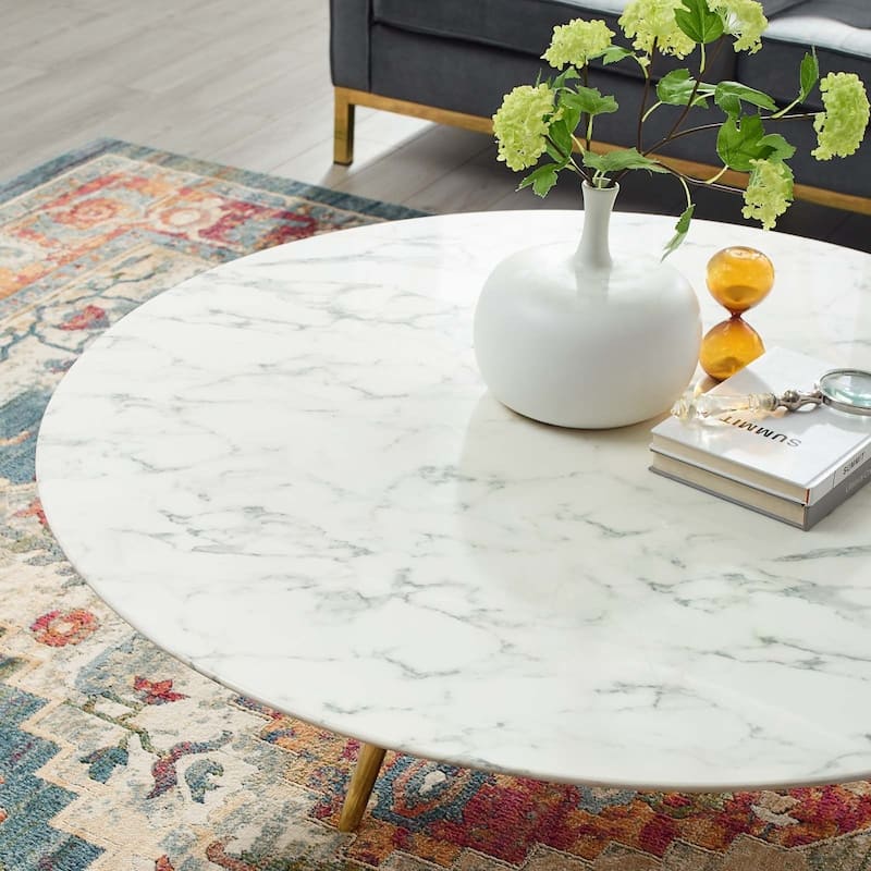 47" Round Artificial Marble Coffee Table with Tripod Base, Gold White