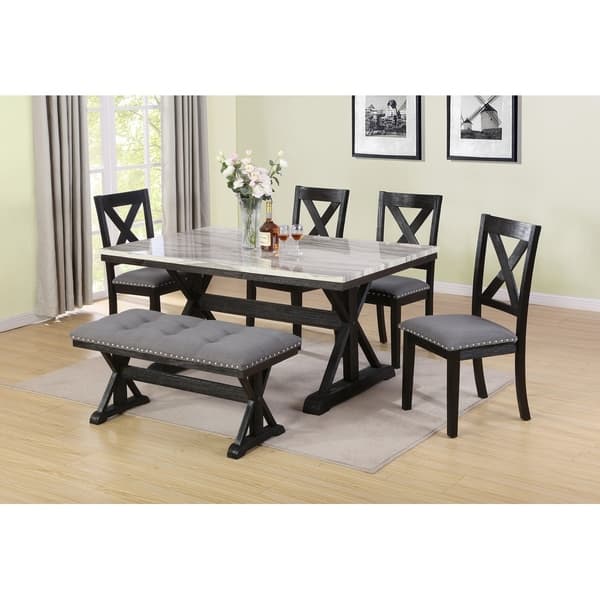 Best Quality Furniture Faux Marble Table Top 6 Piece Dining Set W Bench Best Quality Furniture Faux Marble Table Top 6 Piece Dining Set W Bench