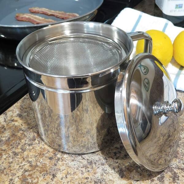 Shop Evelots Oil Storage Can Strainer Container Bacon Grease Keeper Stainless 1 25 Qt Set Of 1 On Sale Overstock