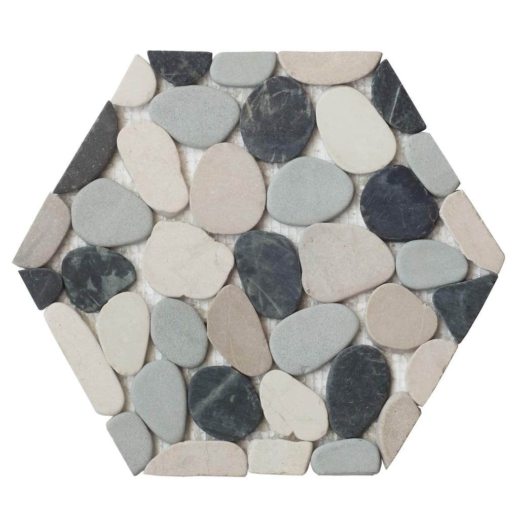 Interlocking Hexagon Shape Pebble Mesh Tiles (12-Pack)-Kitchen, Bathroom, and Patio Flooring - Indoor and Outdoor