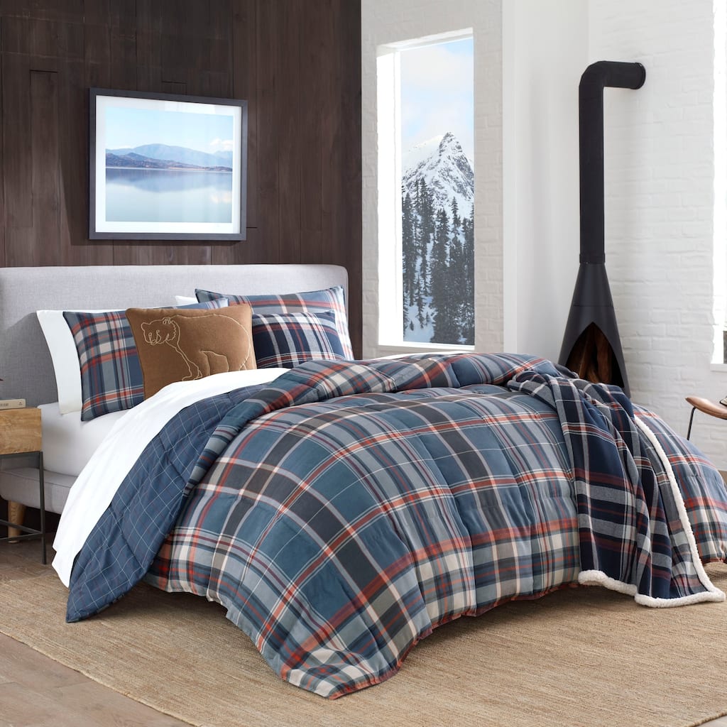 Eddie Bauer Shasta Lake With Plaid Reverse Microsuede Comforter (Navy, 3 Piece Set)