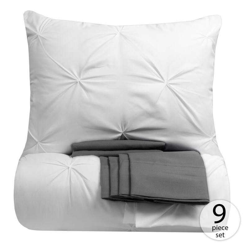 Porch & Den Chinook Luxury Pinch Pleat Pintuck 9-piece Bed-In-a-Bag - WHITE/GREY - Queen