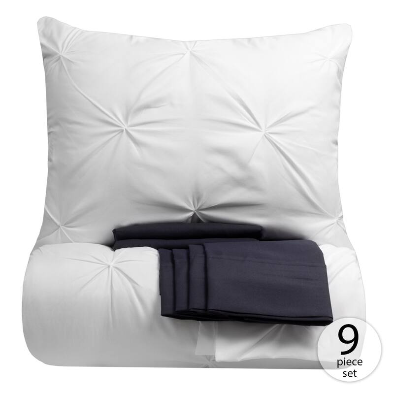 Porch & Den Chinook Luxury Pinch Pleat Pintuck 9-piece Bed-In-a-Bag - WHITE/NAVY - King