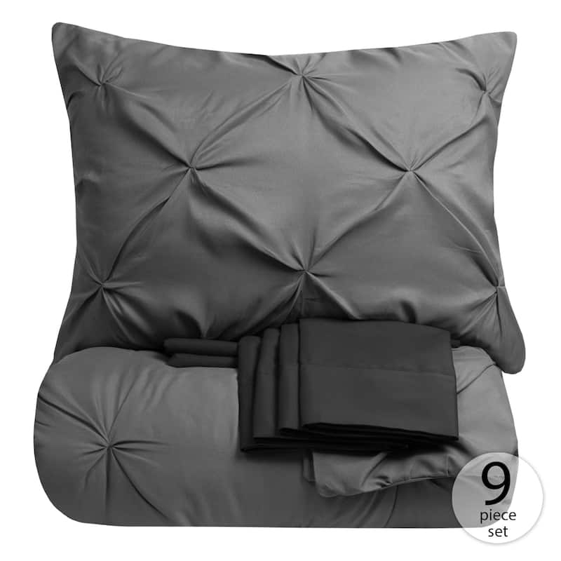 Porch & Den Chinook Luxury Pinch Pleat Pintuck 9-piece Bed-In-a-Bag - GREY/BLACK - Queen