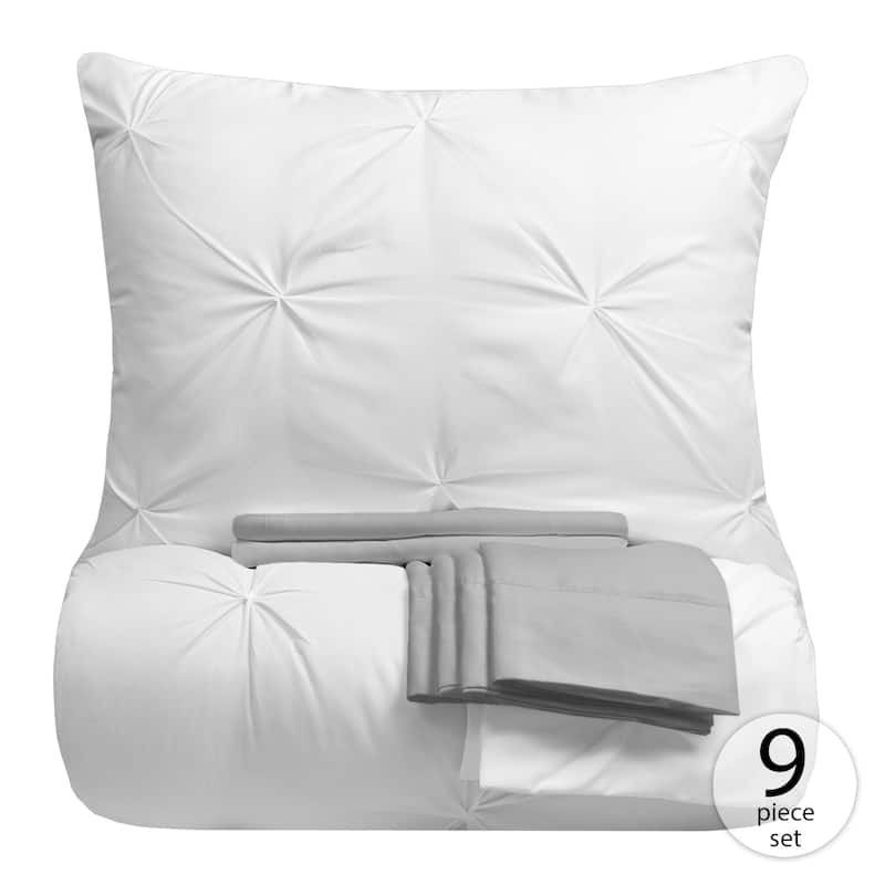 Porch & Den Chinook Luxury Pinch Pleat Pintuck 9-piece Bed-In-a-Bag - WHITE/SILVER - Queen