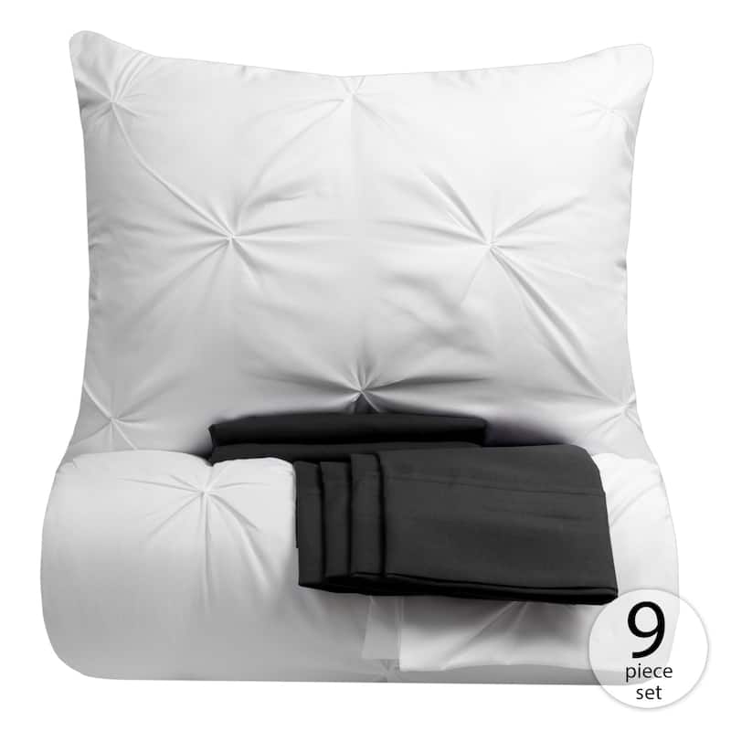Porch & Den Chinook Luxury Pinch Pleat Pintuck 9-piece Bed-In-a-Bag - WHITE/BLACK - Queen