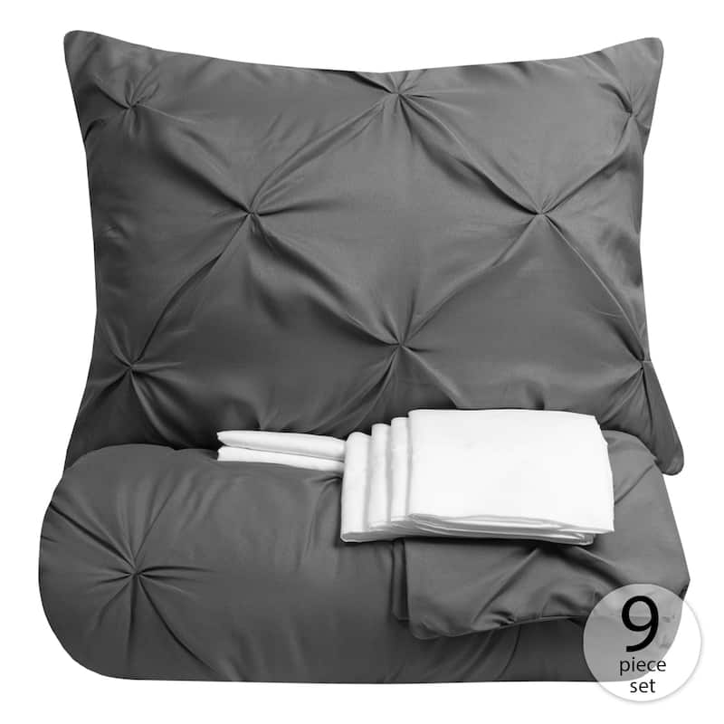 Porch & Den Chinook Luxury Pinch Pleat Pintuck 9-piece Bed-In-a-Bag - GREY/WHITE - Queen