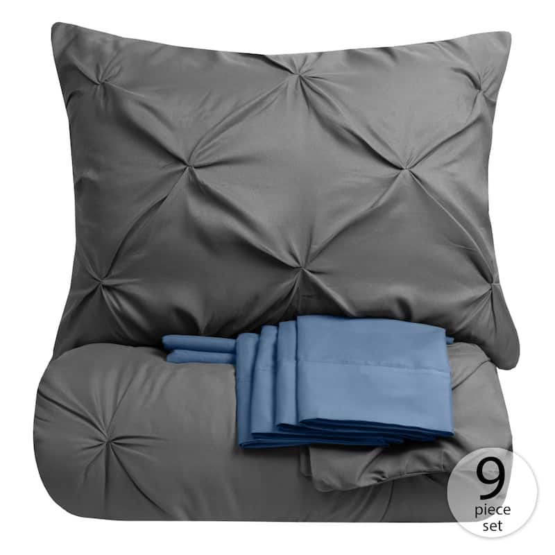 Porch & Den Chinook Luxury Pinch Pleat Pintuck 9-piece Bed-In-a-Bag - GREY/DENIM - Queen