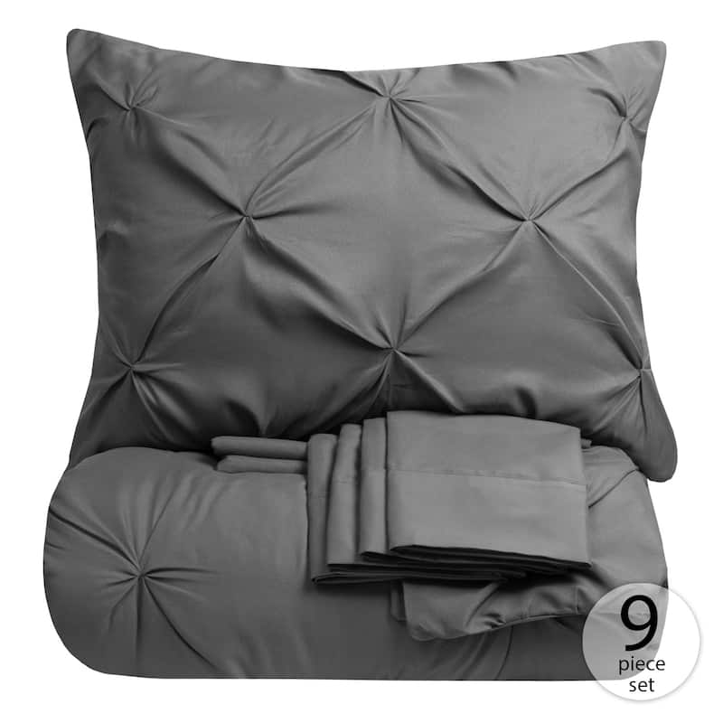 Porch & Den Chinook Luxury Pinch Pleat Pintuck 9-piece Bed-In-a-Bag - GREY/GREY - Queen