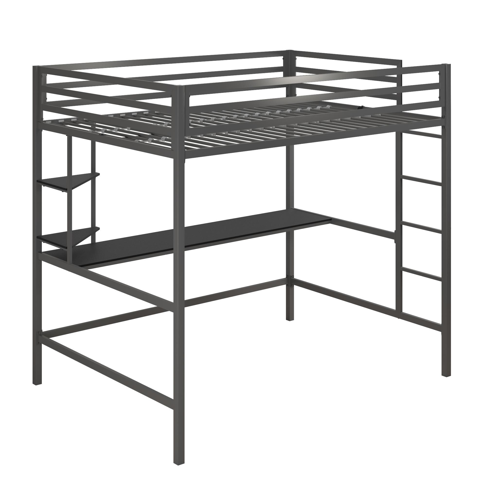 metal loft bed with desk and shelves