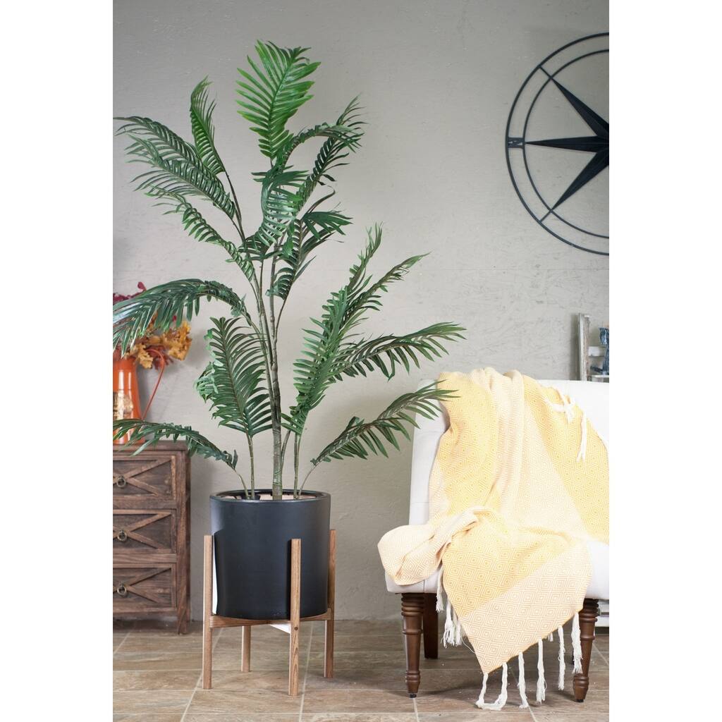 Mid-Century Modern Large Ceramic Planter Black With Wood Stand 13" Special Walnut Color