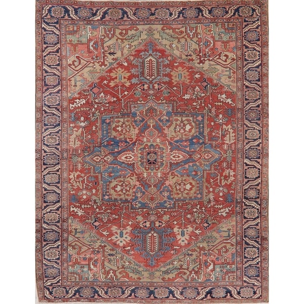 Antique Heriz Oriental Traditional Hand-Knotted Wool Persian Area Rug - 11'9" x 9'1"