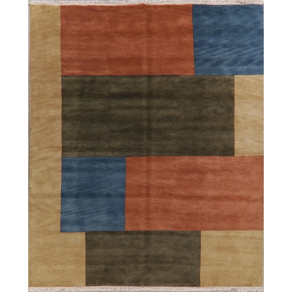 Nepal Modern Color Block Oriental Hand Knotted Wool Indian Area Rug - 9'8" x 7'11"