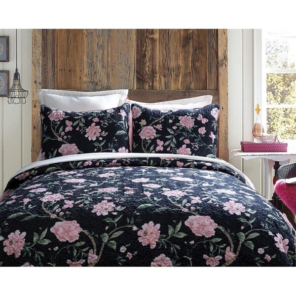 Shop 3 Piece Vintage Black Floral Quilt Set Free Shipping Today Overstock 28647385