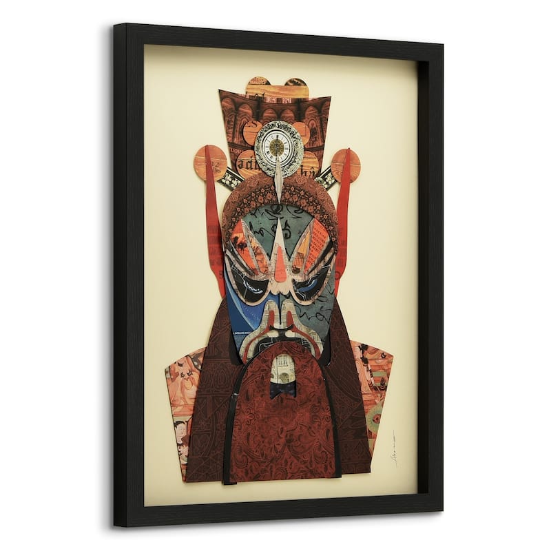 "Beijin Opera Mask & Jiangwei" Alex Zeng's dimensional collage, under glass & a black shadow box frame