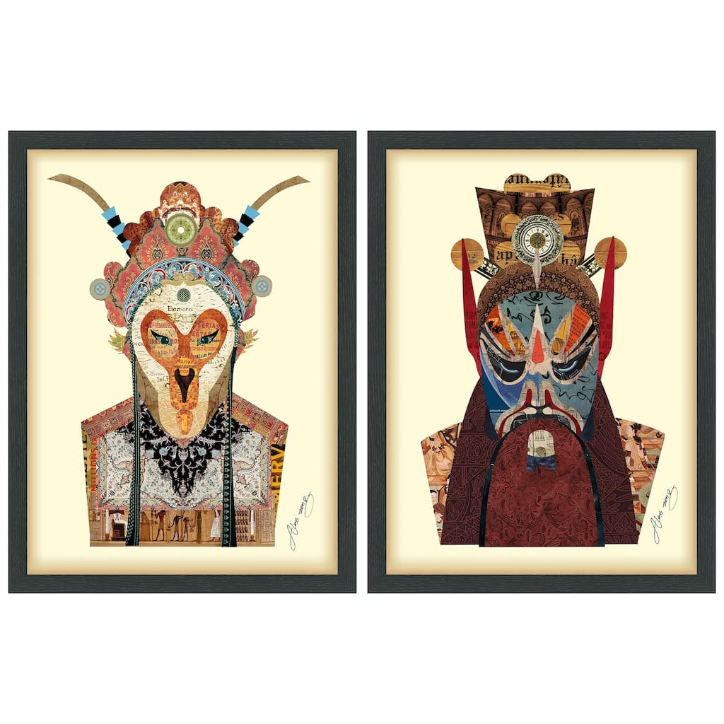 "Beijin Opera Mask & Jiangwei" Alex Zeng's dimensional collage, under glass & a black shadow box frame