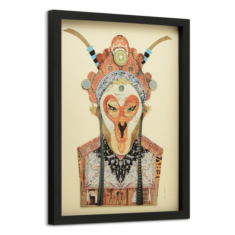 "Beijin Opera Mask & Jiangwei" Alex Zeng's dimensional collage, under glass & a black shadow box frame