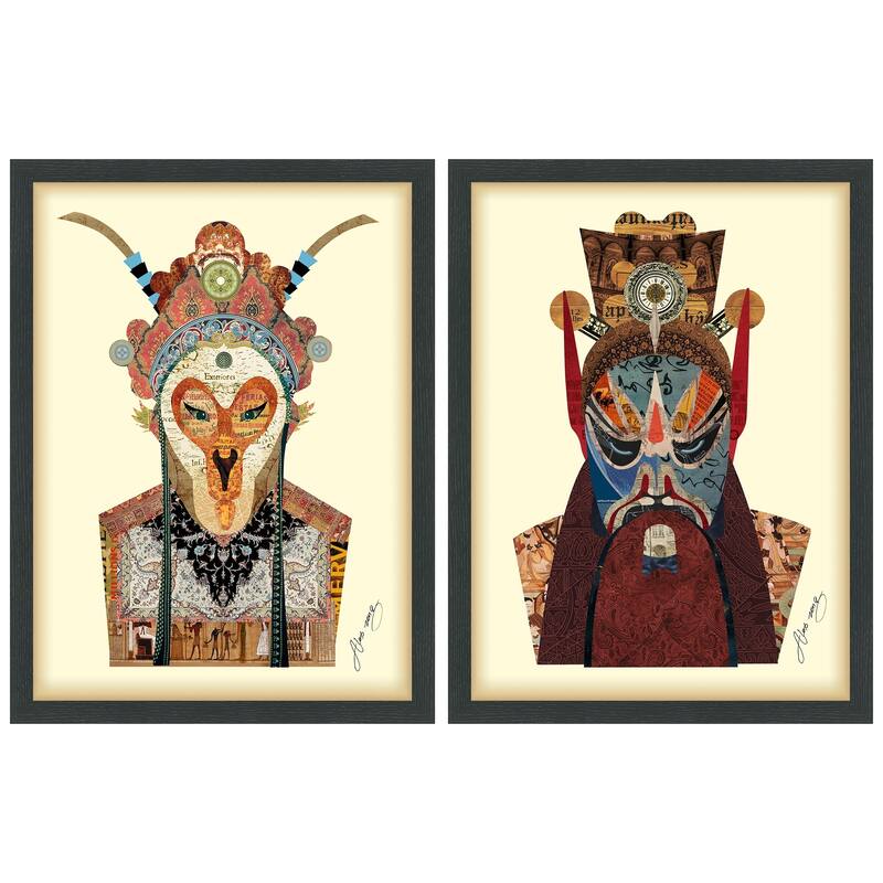 "Beijin Opera Mask & Jiangwei" Alex Zeng's dimensional collage, under glass & a black shadow box frame
