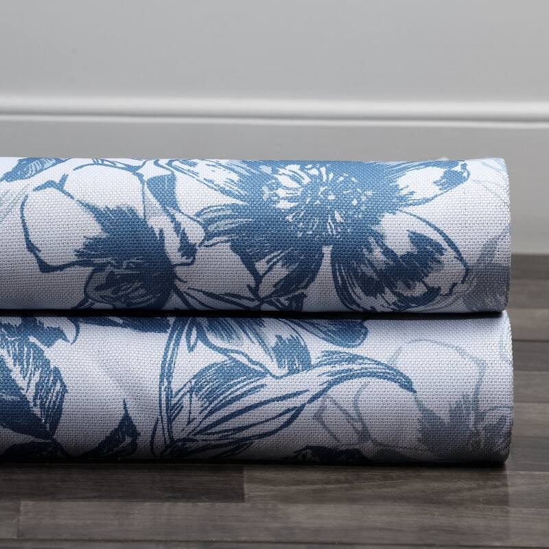 Exclusive Fabrics Blue Poppy Printed Linen Textured Room Darkening Curtain (1 Panel) - Floral Print, Textured Elegance