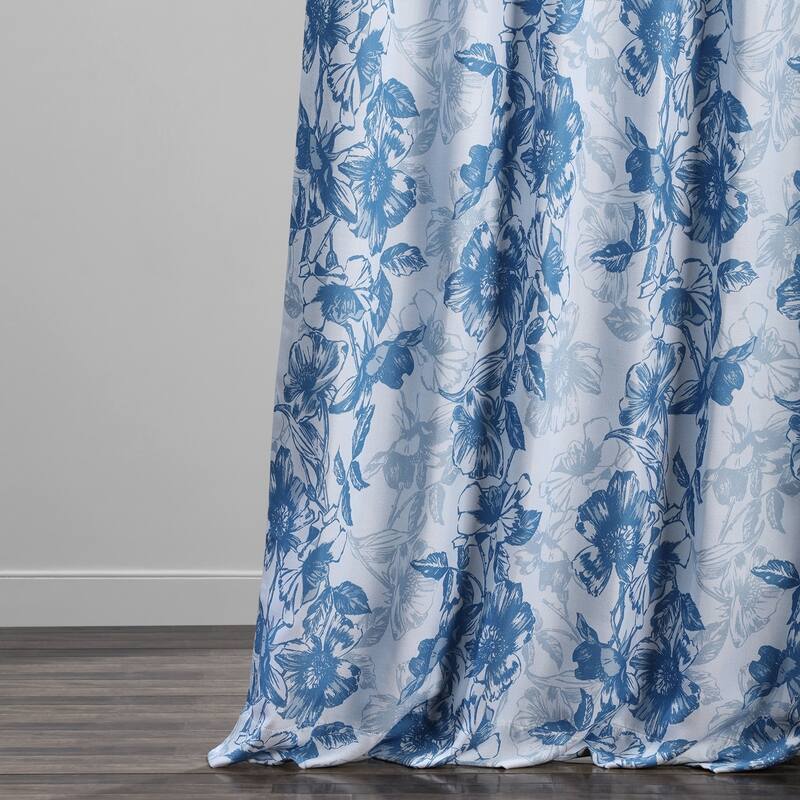 Exclusive Fabrics Blue Poppy Printed Linen Textured Room Darkening Curtain (1 Panel) - Floral Print, Textured Elegance